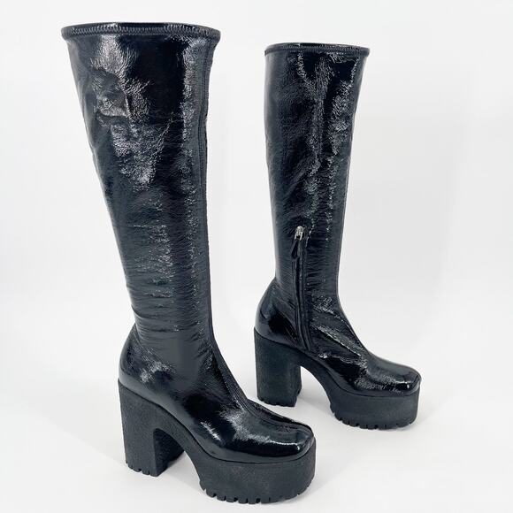 Miu Miu Black Naplak Leather Platform Knee-High Boots IT 36.5 Chunky Lug Sole - Picture 2 of 13